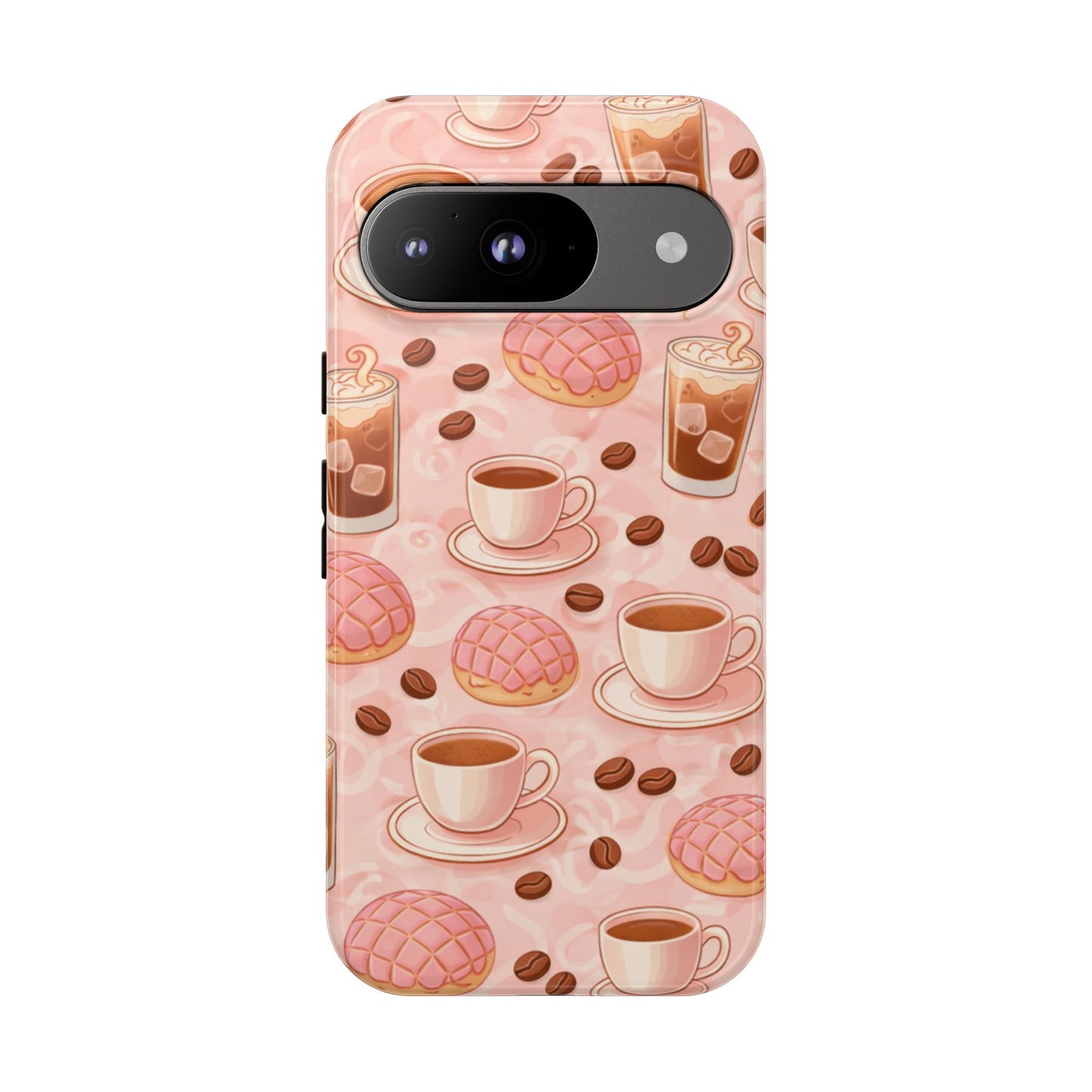 Cute Coffee & Pink Concha Phone Case – Coffee Lover Aesthetic Latte Pattern Tough Case