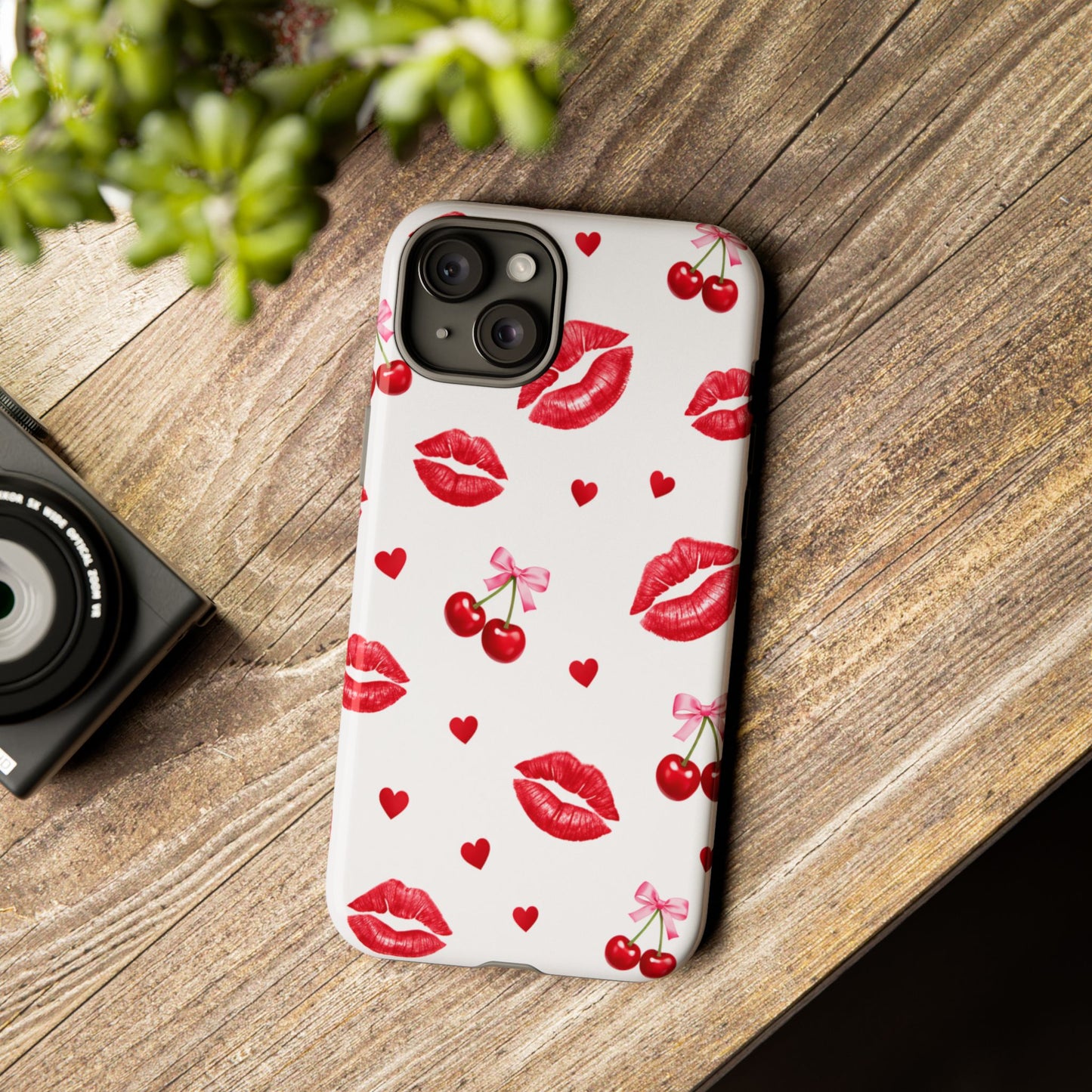 Red Lips & Cherry Phone Case – Y2K Retro Aesthetic Tough Cover