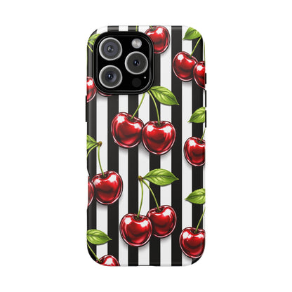 Cherry Pattern Phone Case Black White Stripe Retro Aesthetic Tough Cover