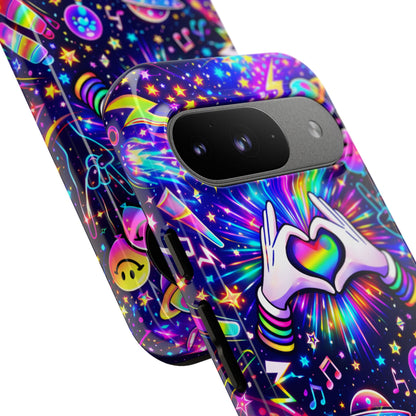 Rainbow Heart Hands Phone Case – Neon Galaxy EDM Festival Tough Cover