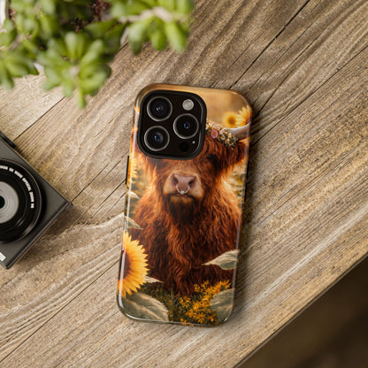 Highland Cow Sunflower Phone Case | Floral Farmhouse iPhone, Samsung Galaxy and Pixel Cover
