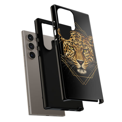 Leopard Head Geometric Phone Case – Black & Gold Luxe Tough Case