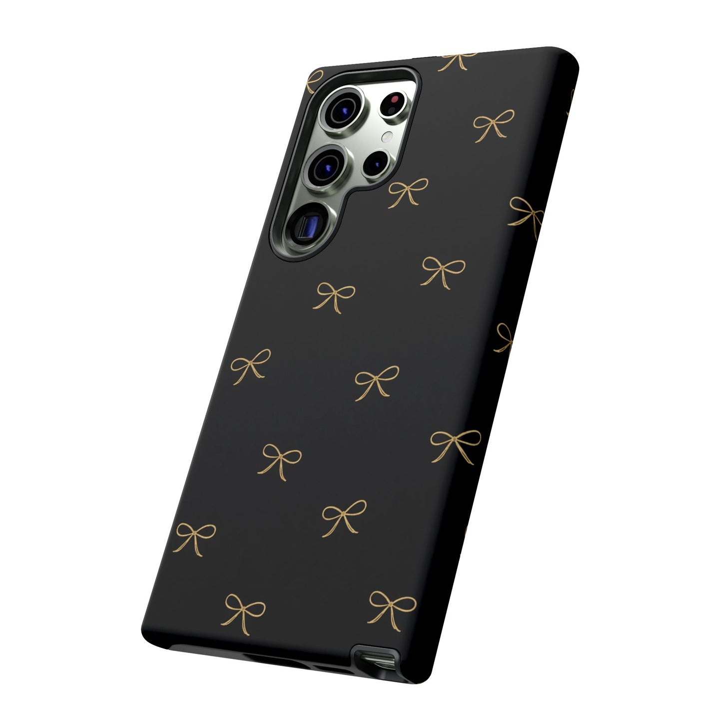 Black Phone Case with Gold Bow Pattern – Slim Protective Cute Aesthetic Cover for Iphone, Samsung Galaxy and Pixel