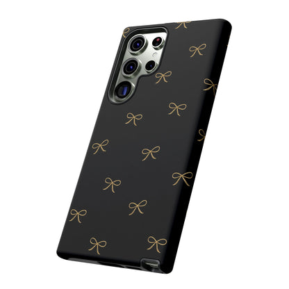 Black Phone Case with Gold Bow Pattern – Slim Protective Cute Aesthetic Cover for Iphone, Samsung Galaxy and Pixel