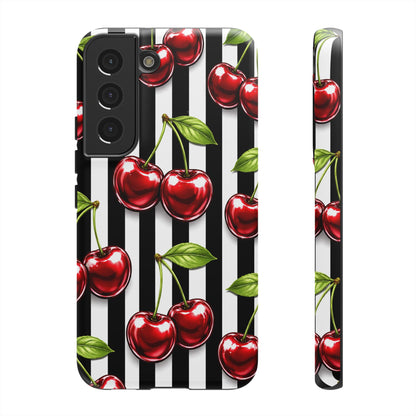 Cherry Pattern Phone Case Black White Stripe Retro Aesthetic Tough Cover