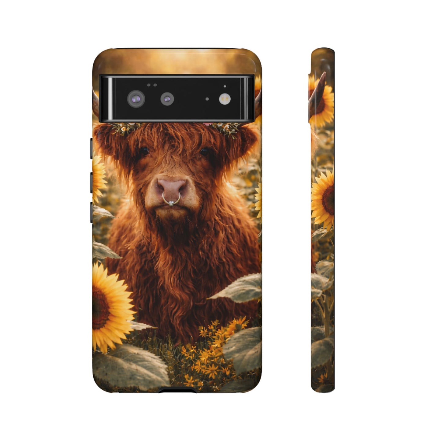 Highland Cow Sunflower Phone Case | Floral Farmhouse iPhone, Samsung Galaxy and Pixel Cover