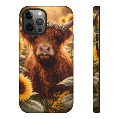 Highland Cow Sunflower Phone Case | Floral Farmhouse iPhone, Samsung Galaxy and Pixel Cover