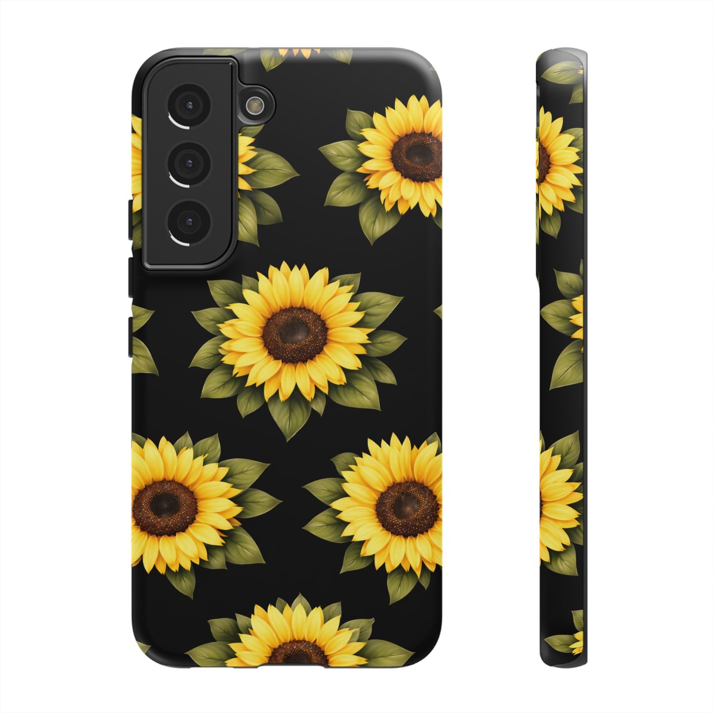 Sunflower Floral Tough Phone Case – Black Background Protective Cover for Iphone, Samsung Galaxy and Pixel