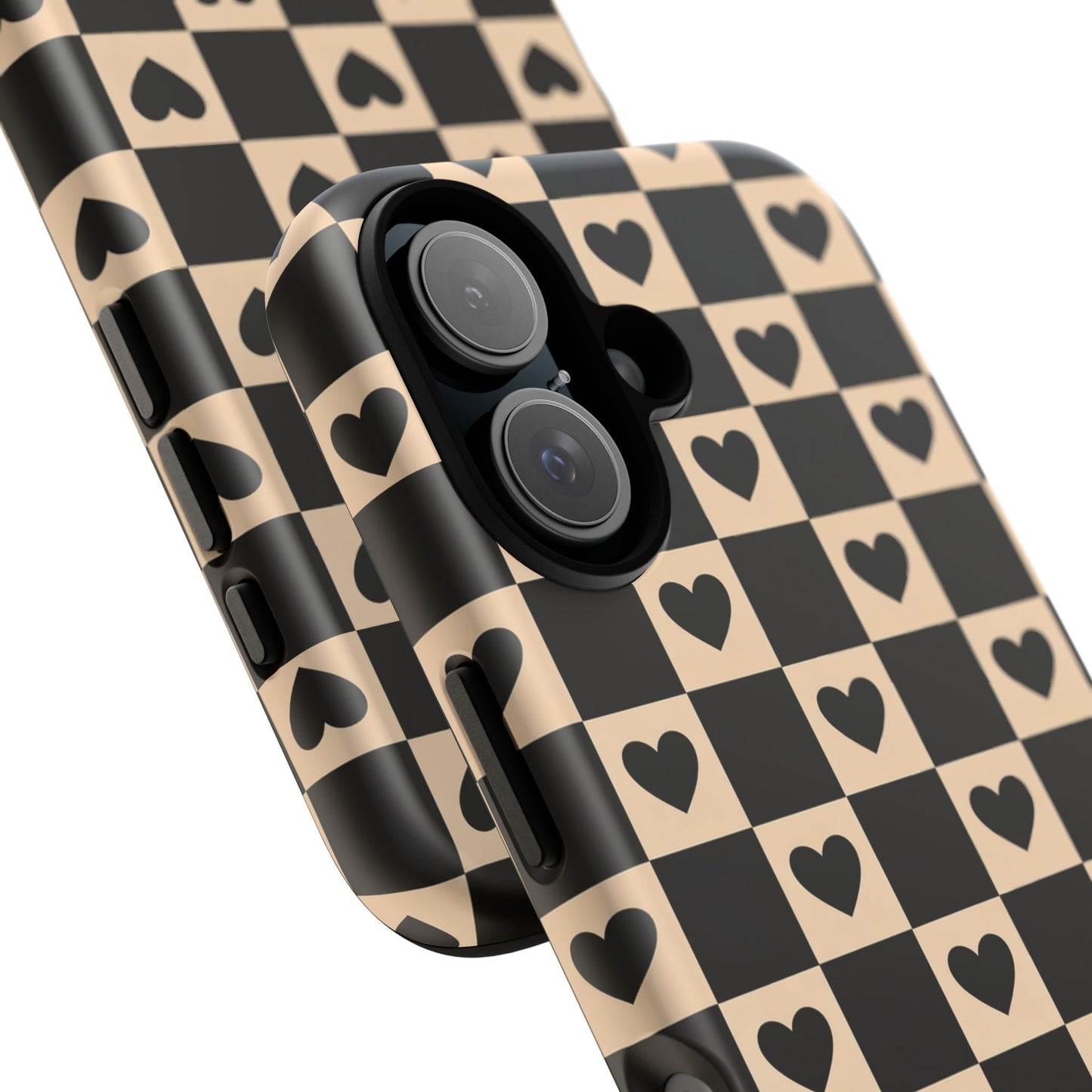 Checkerboard Heart Phone Case – Black & Beige Cute Aesthetic Protective Cover for Iphone, Samsung Galaxy and Pixel