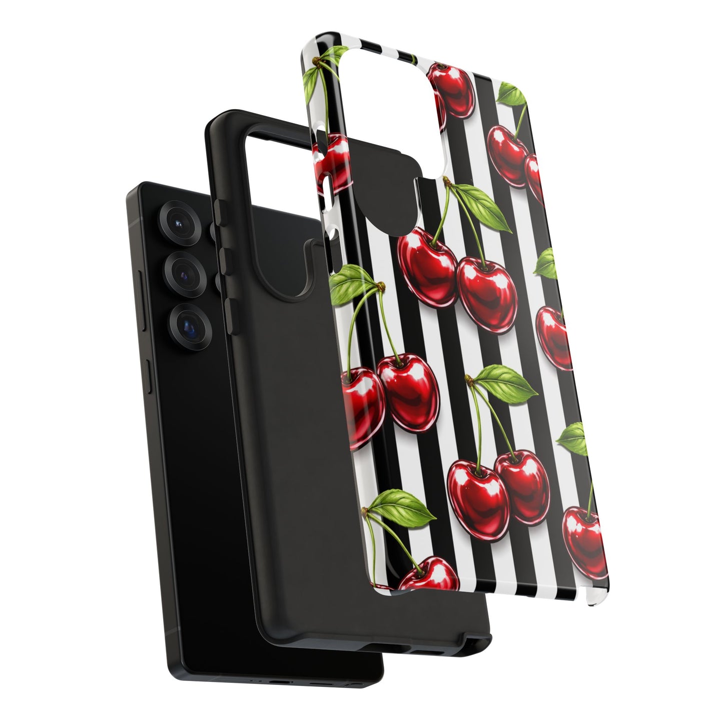 Cherry Pattern Phone Case Black White Stripe Retro Aesthetic Tough Cover