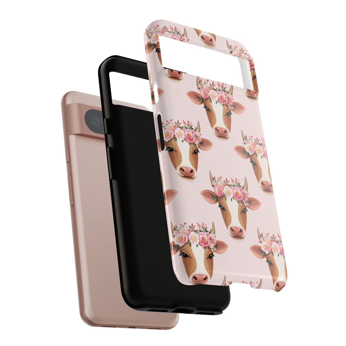 Floral Cow Phone Case – Cute Pink Cow Print Tough Protective Case for Iphone, Samsung Galaxy and Pixel