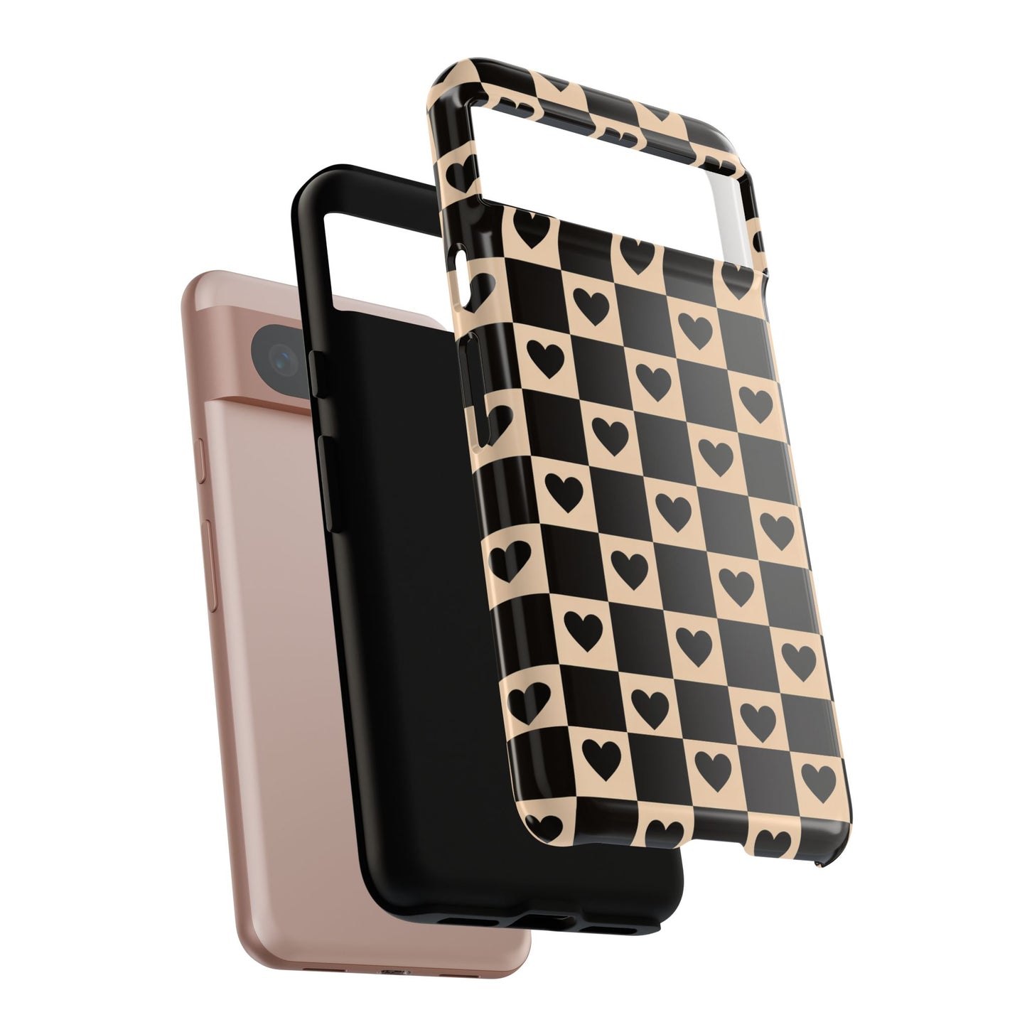 Checkerboard Heart Phone Case – Black & Beige Cute Aesthetic Protective Cover for Iphone, Samsung Galaxy and Pixel