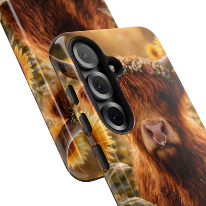 Highland Cow Sunflower Phone Case | Floral Farmhouse iPhone, Samsung Galaxy and Pixel Cover