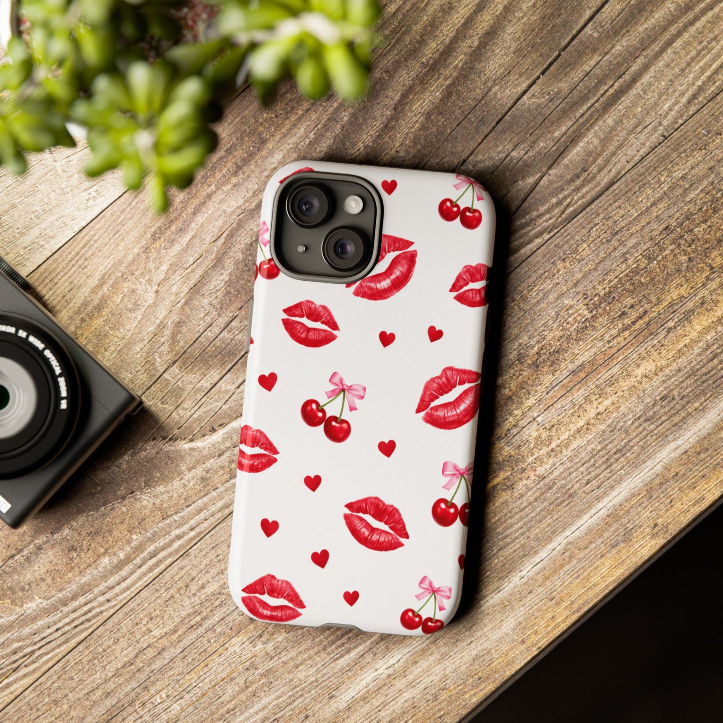 Red Lips & Cherry Phone Case – Y2K Retro Aesthetic Tough Cover