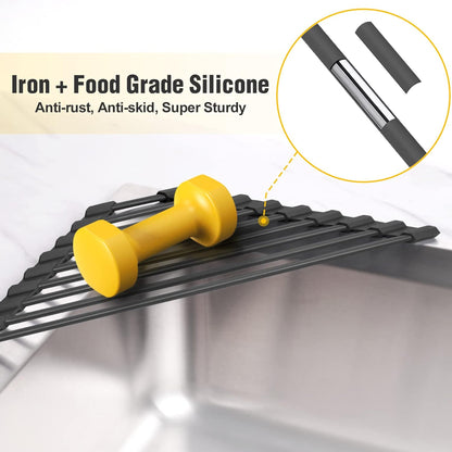 Small Triangle Roll-Up Dish Drying Rack with Silicone Coating Stainless Steel Frame for Sink Corners, Multipurpose Over-The-Sink Kitchen Drainer & Organizer for Space-Saving Storage (Black)