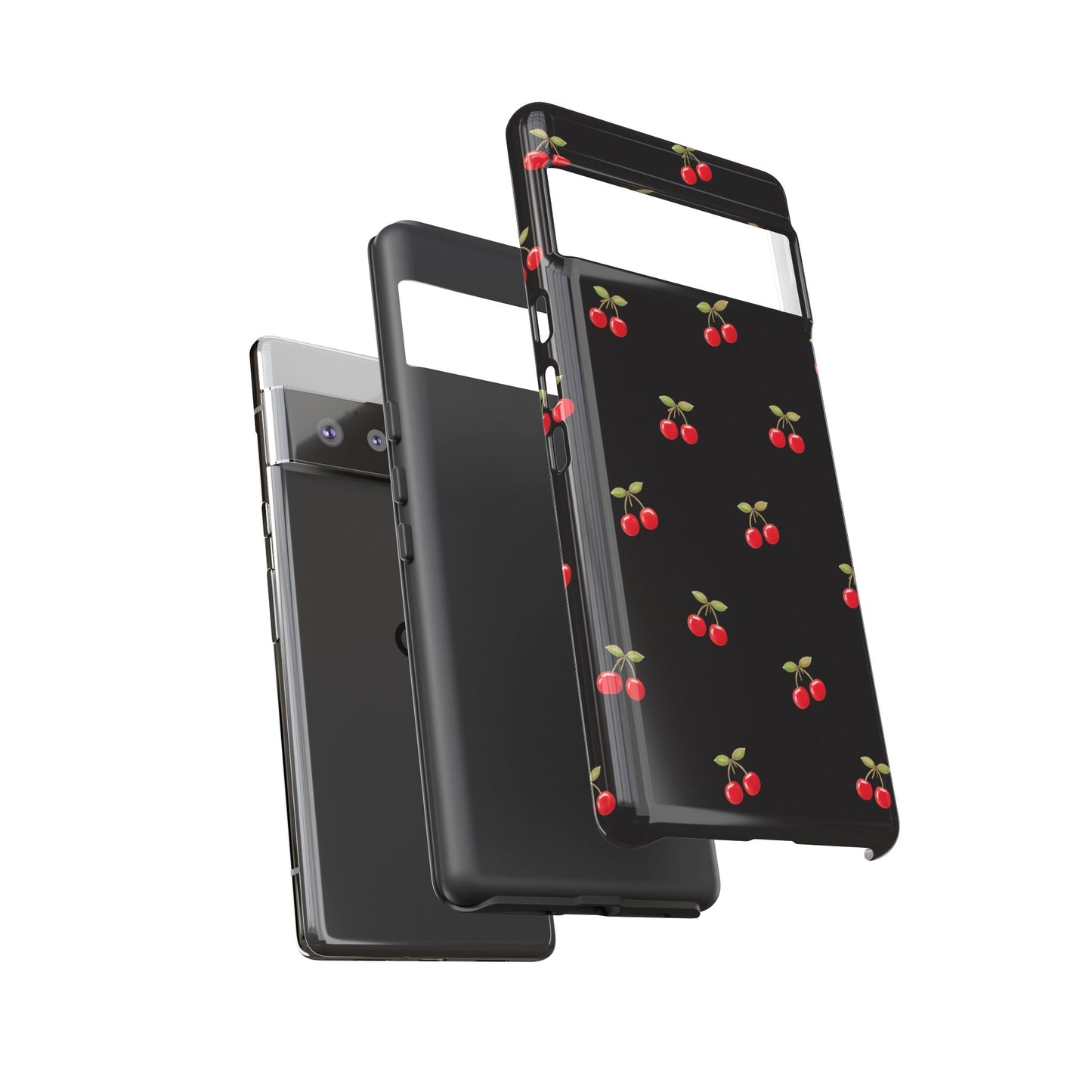 Cherry Pattern Phone Case — Slim Black Protective iPhone Case with Red Cherries for Iphone, Samsung Galaxy and Pixel