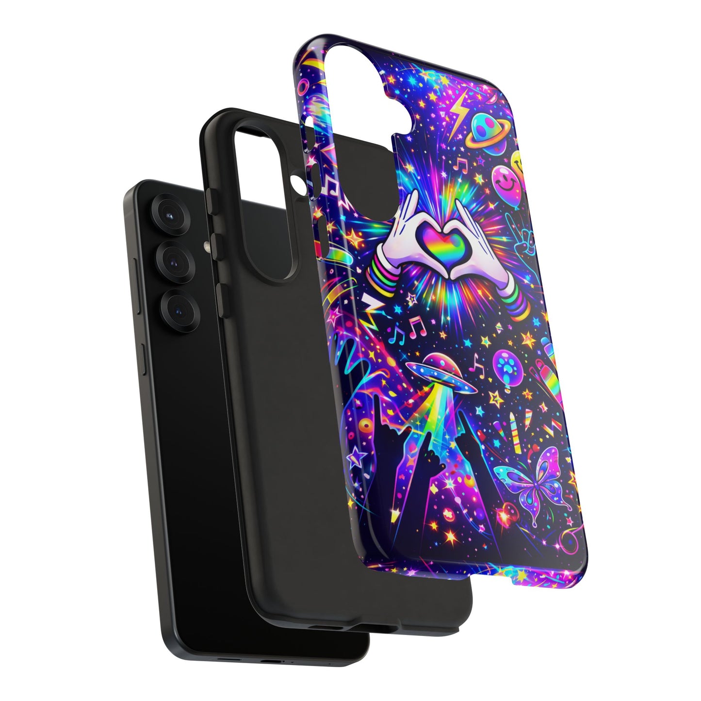 Rainbow Heart Hands Phone Case – Neon Galaxy EDM Festival Tough Cover