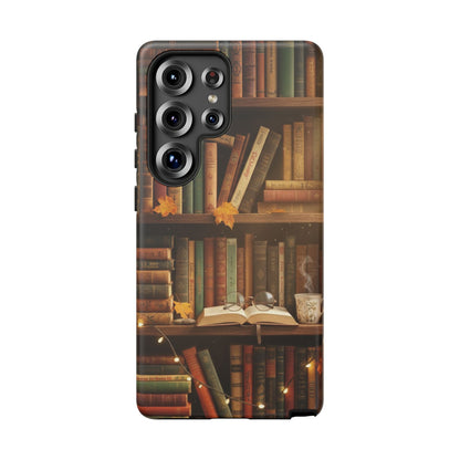 Cozy Vintage Bookshelf Phone Case, Library Aesthetic Book Stack, Autumn Coffee Vibes (iPhone, Samsung, Pixel)