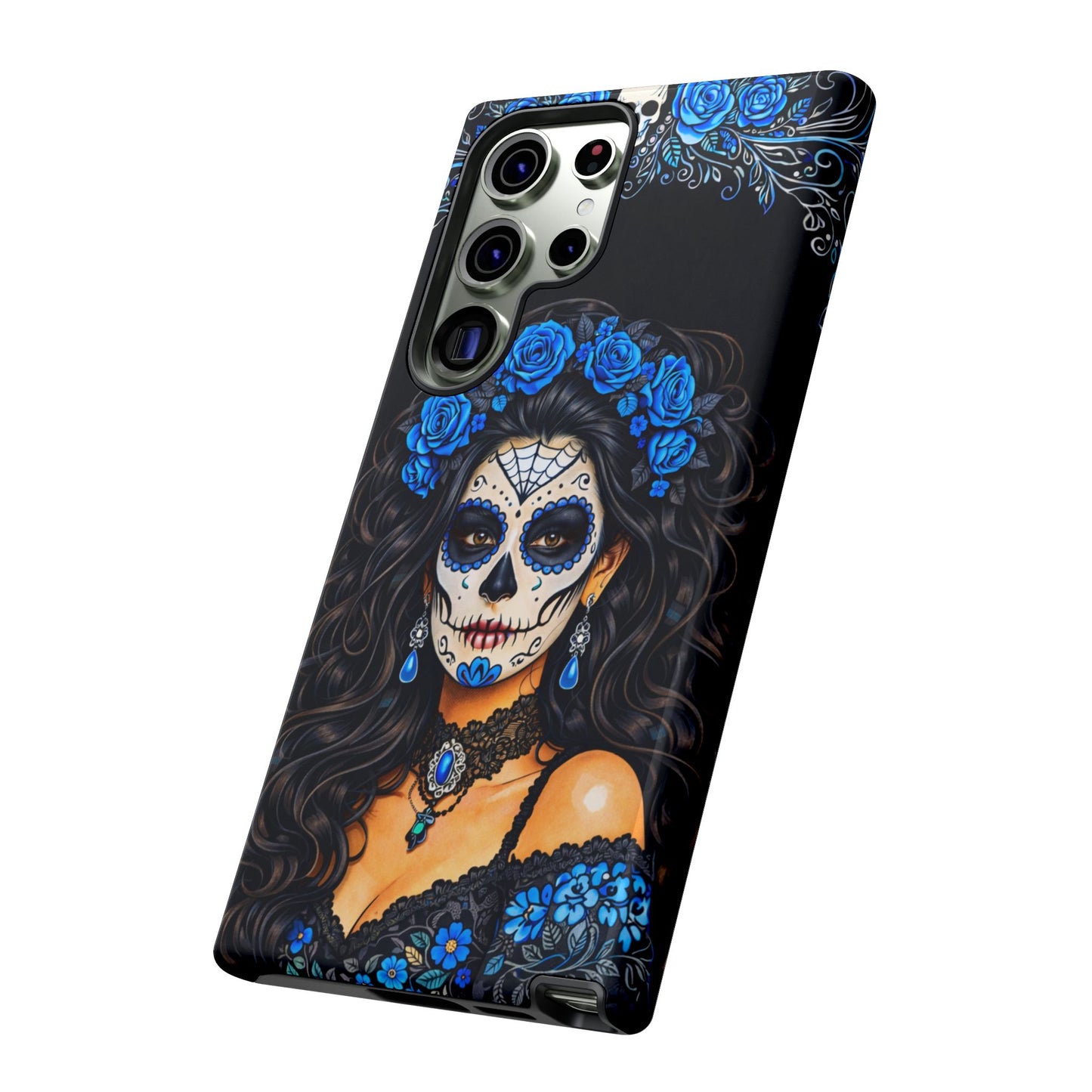 Blue Sugar Skull Woman Phone Case – Day of the Dead Aesthetic Tough Cover