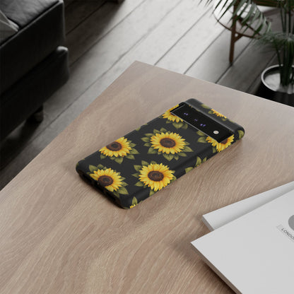 Sunflower Floral Tough Phone Case – Black Background Protective Cover for Iphone, Samsung Galaxy and Pixel