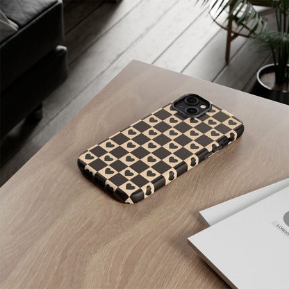 Checkerboard Heart Phone Case – Black & Beige Cute Aesthetic Protective Cover for Iphone, Samsung Galaxy and Pixel