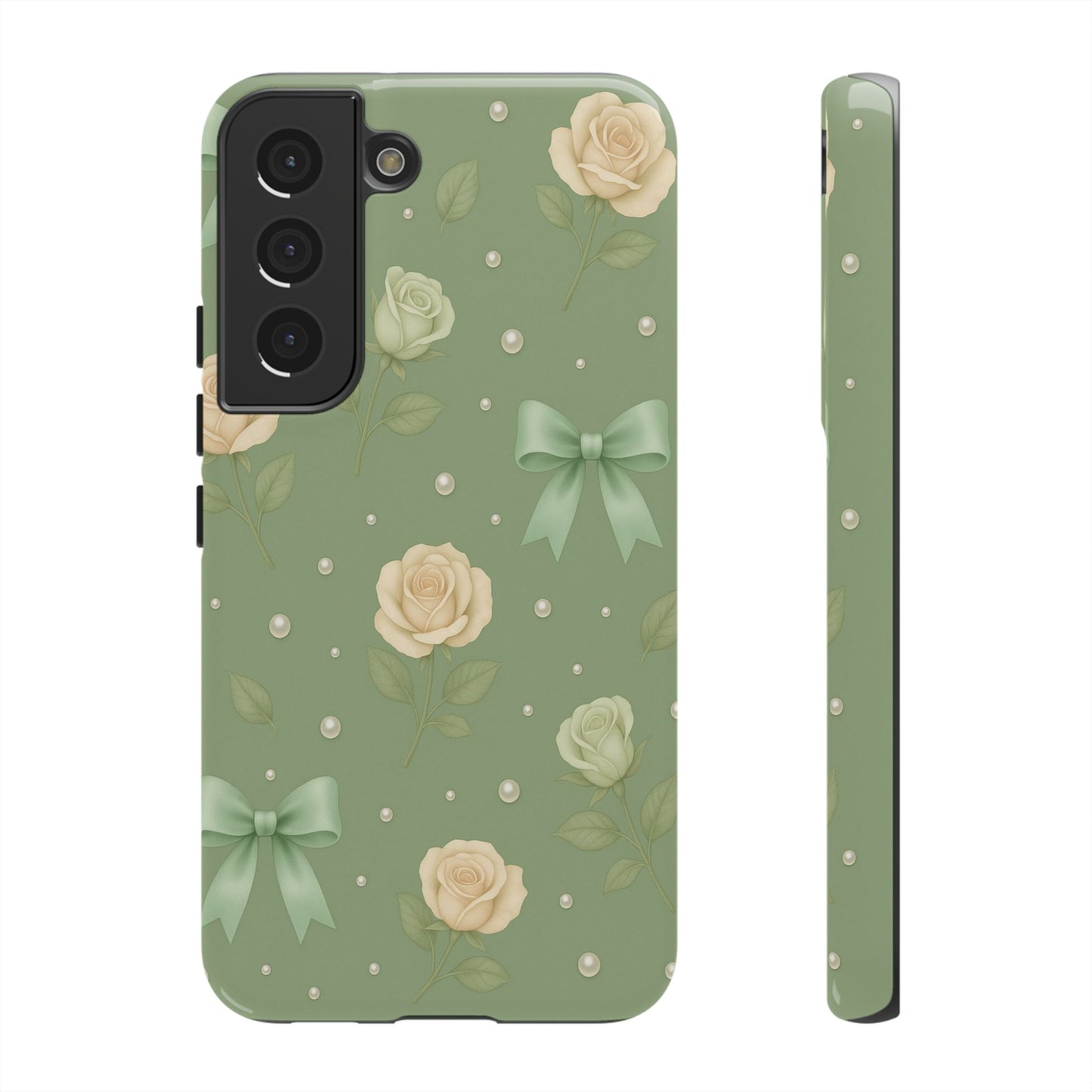 Vintage Rose Bow Phone Case – Sage Green Floral Coquette Aesthetic Tough Case (iPhone, Samsung, Pixel)