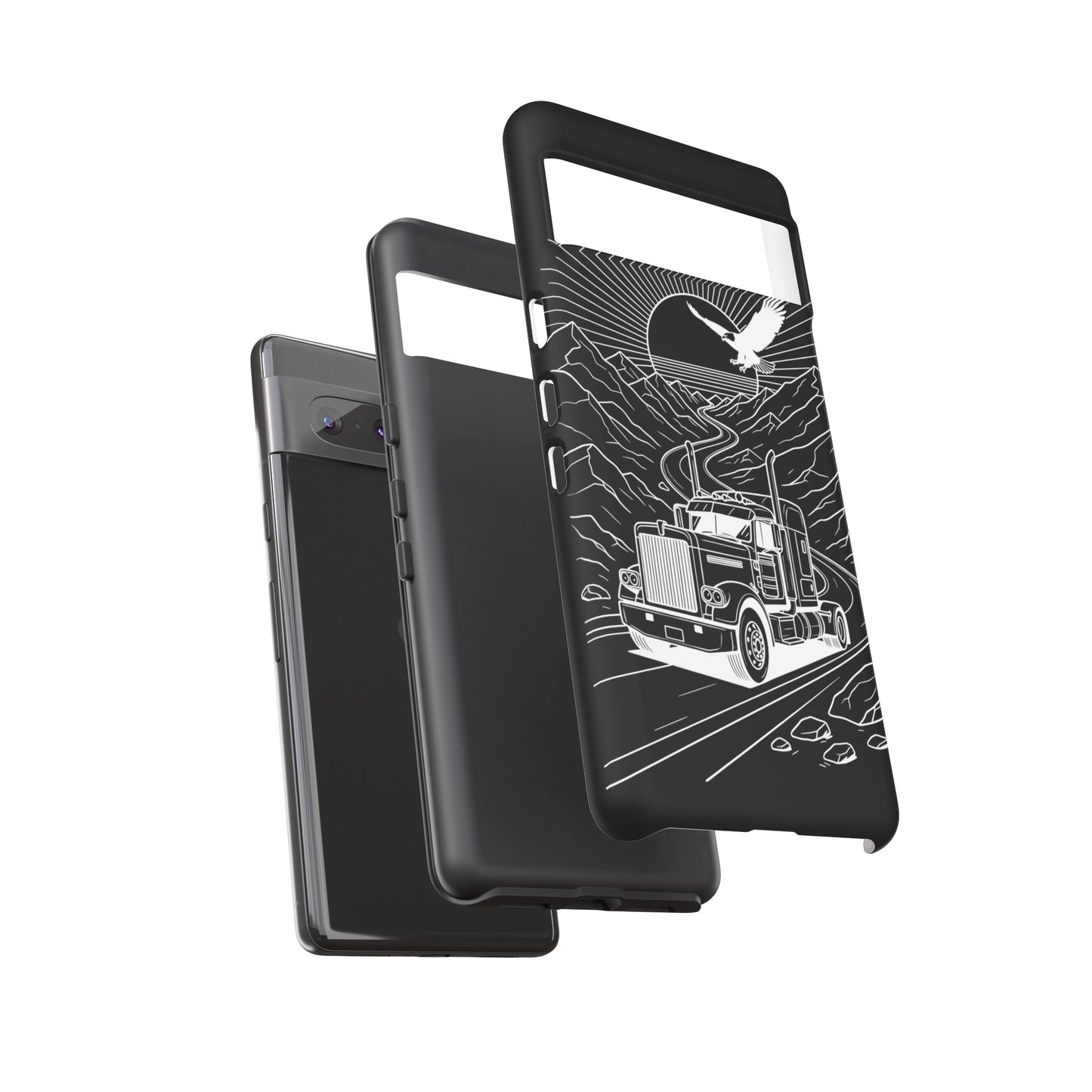 Trucker Highway Phone Case | Eagle & Mountain Line Art | Black Western Tough Case