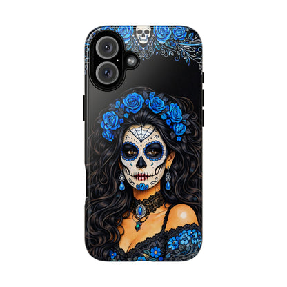Blue Sugar Skull Woman Phone Case – Day of the Dead Aesthetic Tough Cover