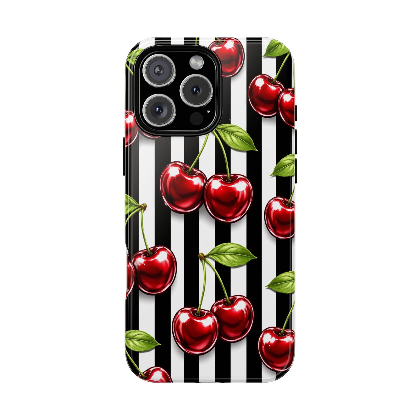 Cherry Pattern Phone Case Black White Stripe Retro Aesthetic Tough Cover