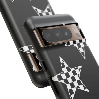 Checkered Star Tough Phone Case – Black Retro Graphic Protective Cover for Iphone, Samsung Galaxy and Pixel