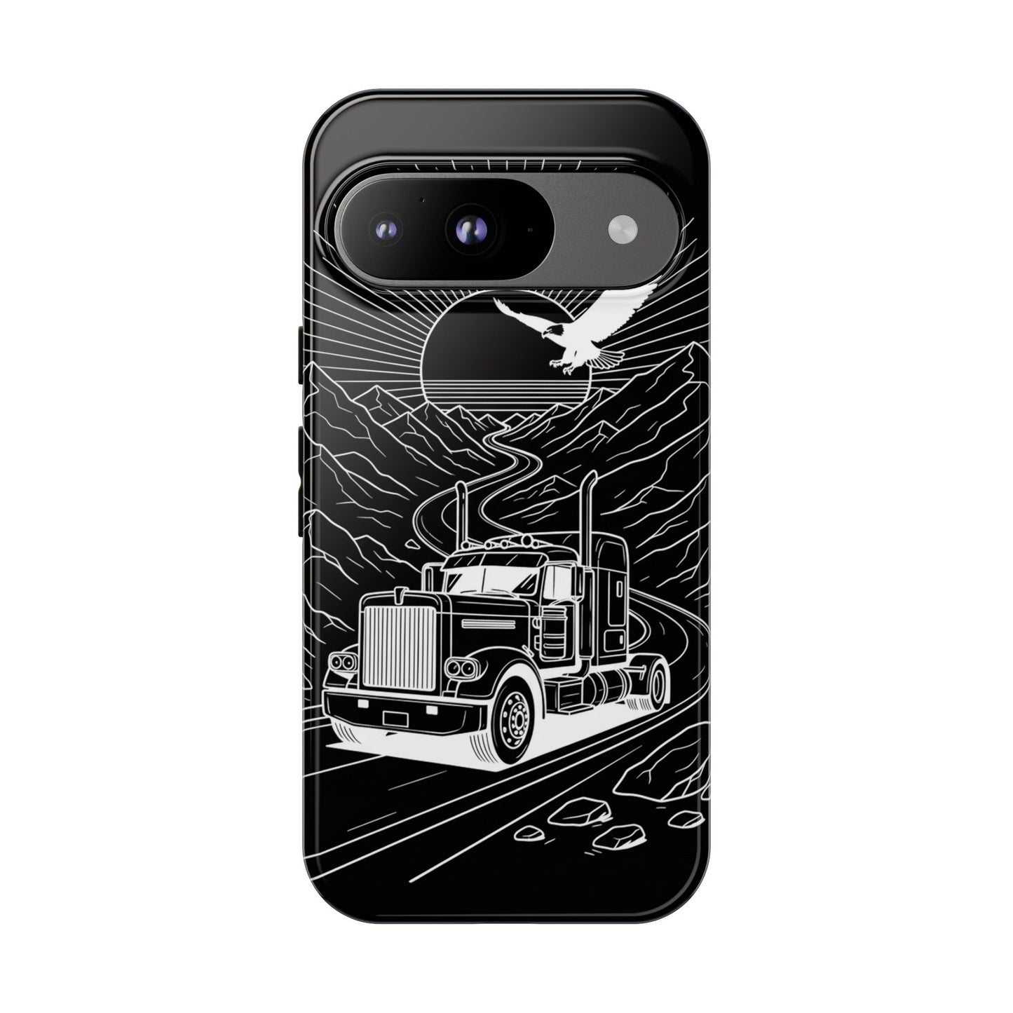 Trucker Highway Phone Case | Eagle & Mountain Line Art | Black Western Tough Case