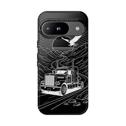 Trucker Highway Phone Case | Eagle & Mountain Line Art | Black Western Tough Case