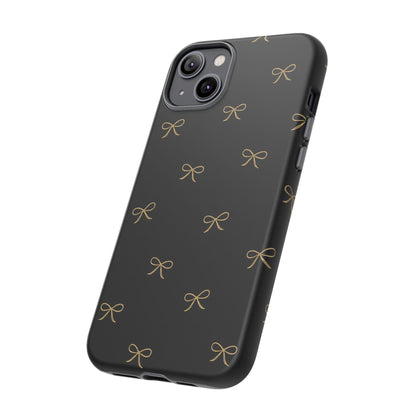 Black Phone Case with Gold Bow Pattern – Slim Protective Cute Aesthetic Cover for Iphone, Samsung Galaxy and Pixel