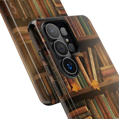Cozy Vintage Bookshelf Phone Case, Library Aesthetic Book Stack, Autumn Coffee Vibes (iPhone, Samsung, Pixel)