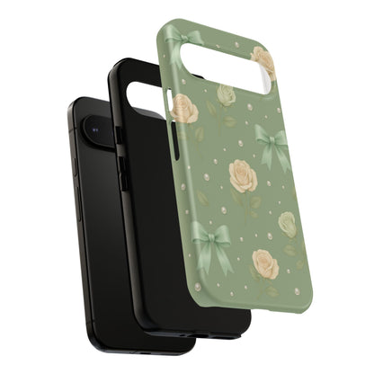 Vintage Rose Bow Phone Case – Sage Green Floral Coquette Aesthetic Tough Case (iPhone, Samsung, Pixel)