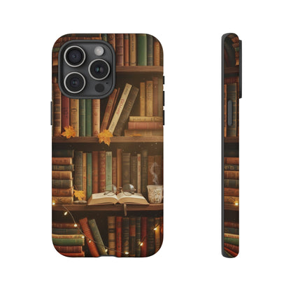 Cozy Vintage Bookshelf Phone Case, Library Aesthetic Book Stack, Autumn Coffee Vibes (iPhone, Samsung, Pixel)