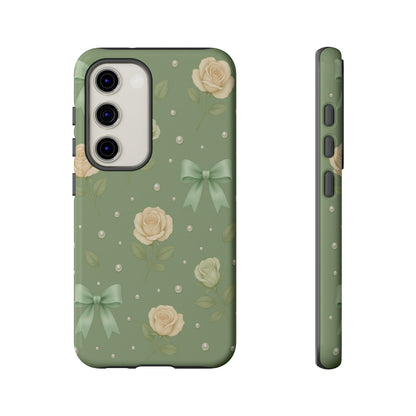 Vintage Rose Bow Phone Case – Sage Green Floral Coquette Aesthetic Tough Case (iPhone, Samsung, Pixel)