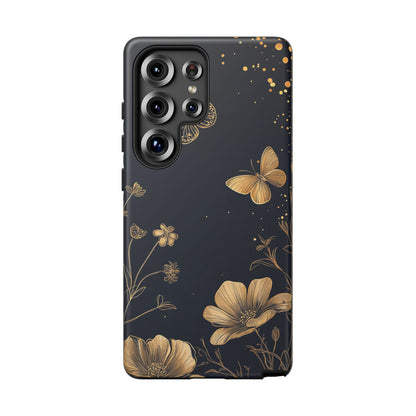 Gold Floral Butterfly Phone Case, Dark Aesthetic Botanical, Elegant Black Luxury iPhone Samsung Cover