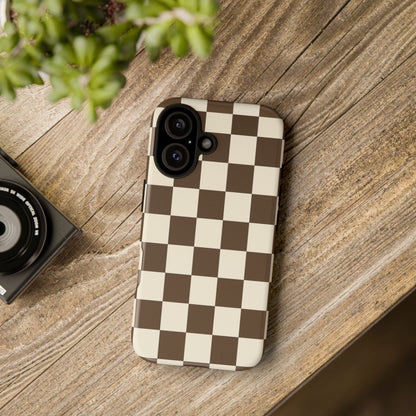 Mocha Checkerboard Phone Case | Neutral Aesthetic Checkered iPhone & Samsung Tough Case