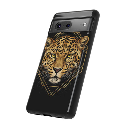 Leopard Head Geometric Phone Case – Black & Gold Luxe Tough Case