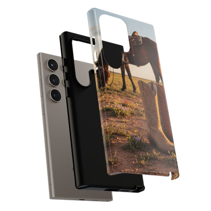 Western Cowboy Boots Phone Case – Rustic Horse Sunset Tough Case (iPhone, Samsung, Pixel)