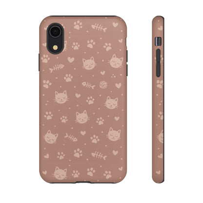 Cute Cat Pattern Phone Case | Paw Prints, Fishbone & Yarn Design Tough Case