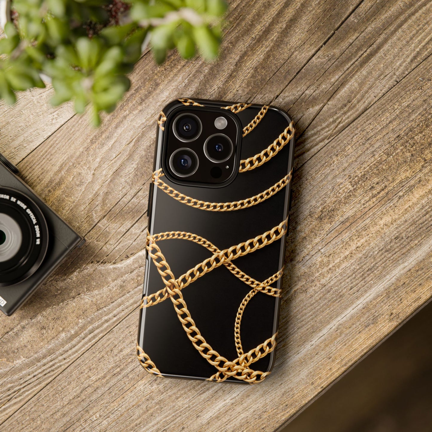 Luxury Gold Chain Phone Case – Black Designer Style Tough Protective Cover for Iphone, Samsung Galaxy and Pixel
