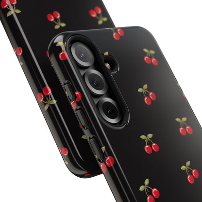 Cherry Pattern Phone Case — Slim Black Protective iPhone Case with Red Cherries for Iphone, Samsung Galaxy and Pixel