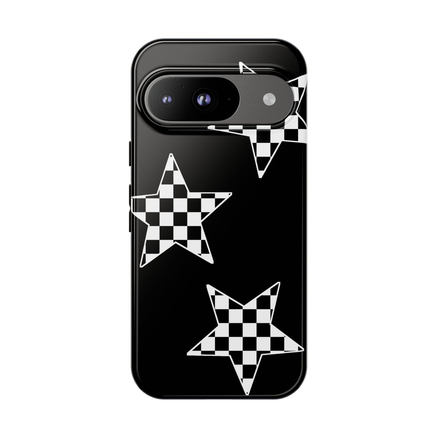 Checkered Star Tough Phone Case – Black Retro Graphic Protective Cover for Iphone, Samsung Galaxy and Pixel