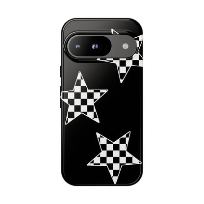 Checkered Star Tough Phone Case – Black Retro Graphic Protective Cover for Iphone, Samsung Galaxy and Pixel