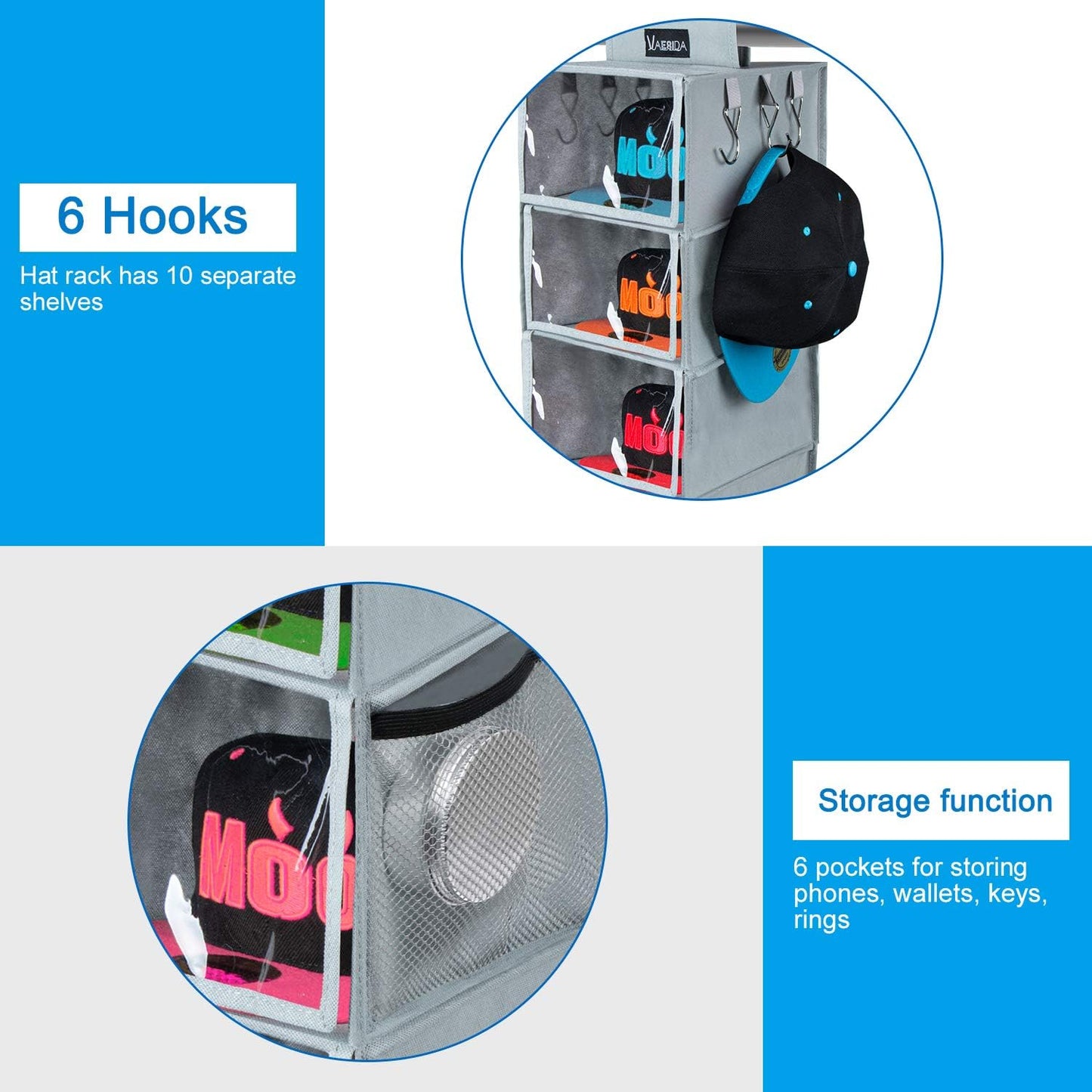 Hat Rack - 10 Shelf Upgraded Version Hat Organizer for Closet with Dust Shield & Side Mesh Storage Pockets - Hat Holder & Hat Racks for Baseball Caps