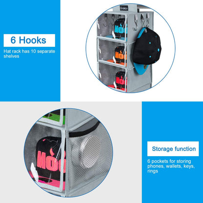 Hat Rack - 10 Shelf Upgraded Version Hat Organizer for Closet with Dust Shield & Side Mesh Storage Pockets - Hat Holder & Hat Racks for Baseball Caps