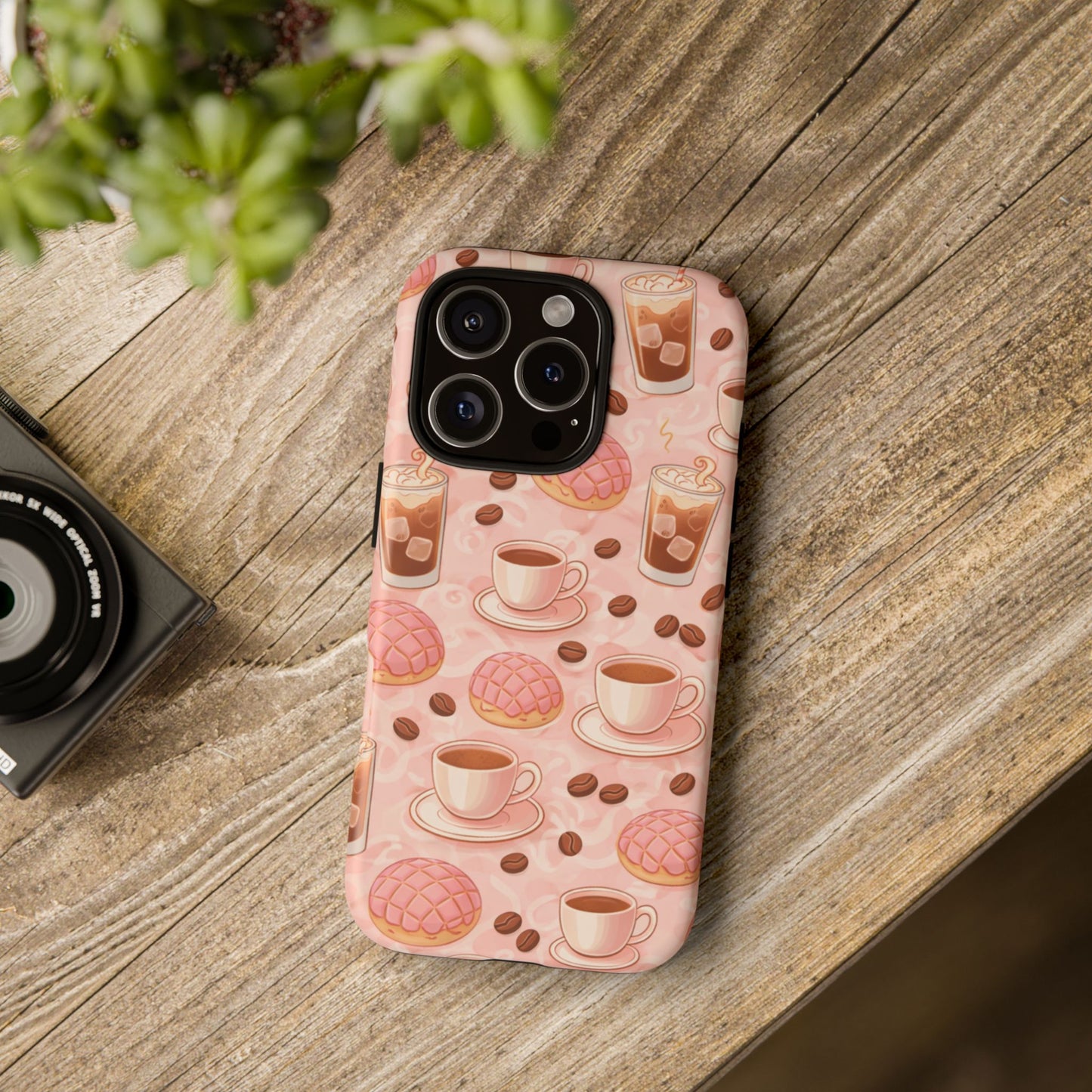 Cute Coffee & Pink Concha Phone Case – Coffee Lover Aesthetic Latte Pattern Tough Case