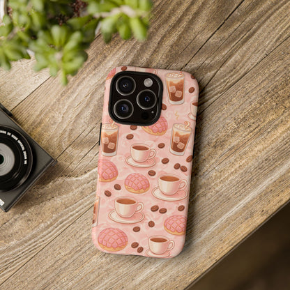 Cute Coffee & Pink Concha Phone Case – Coffee Lover Aesthetic Latte Pattern Tough Case